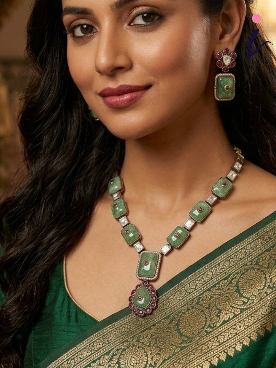 Green Kundan Necklace Set with Earrings | Premium Emerald Stone Indian Jewellery | Bridal & Party Wear Necklace
