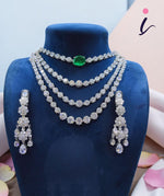 American Diamond Layered Necklace Set with Earrings | Emerald Green Stone Bridal Jewellery | Luxury Party Wear Necklace