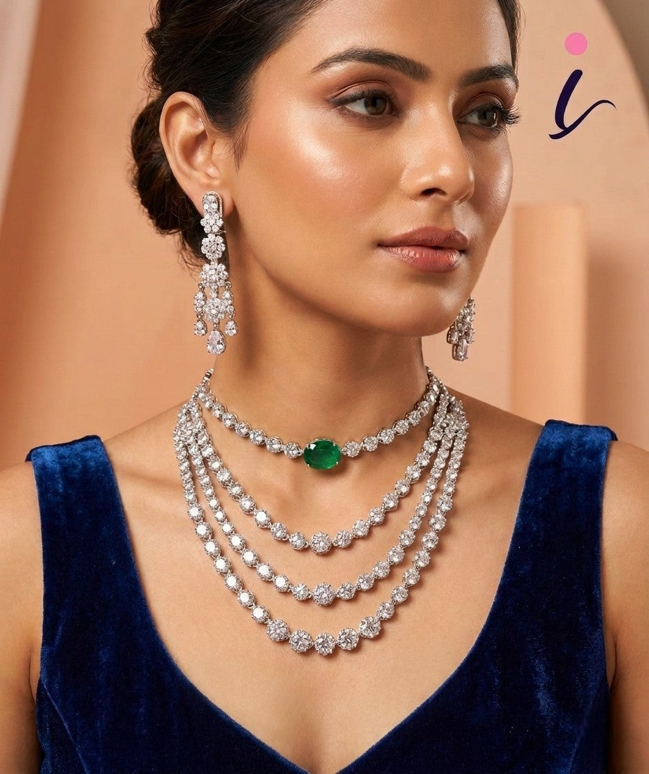 American Diamond Layered Necklace Set with Earrings | Emerald Green Stone Bridal Jewellery | Luxury Party Wear Necklace