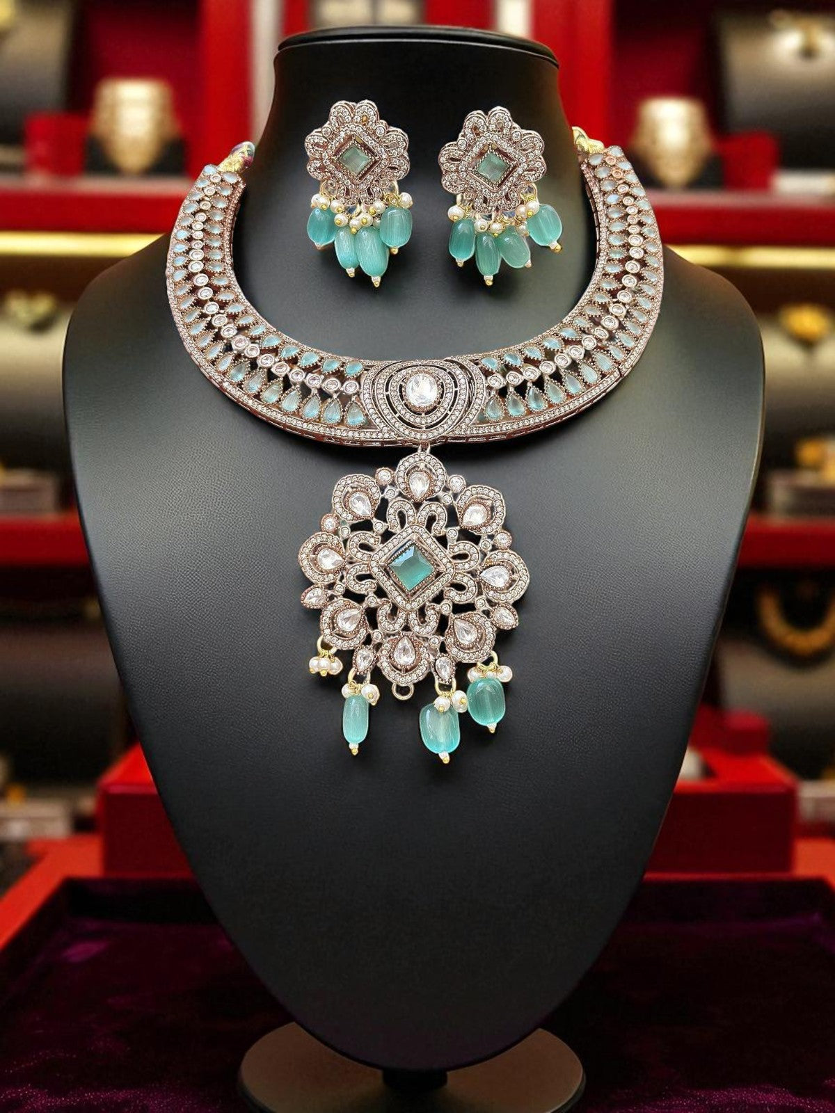 Antique Silver Choker Necklace Set with Mint Green Beads & CZ Detailing