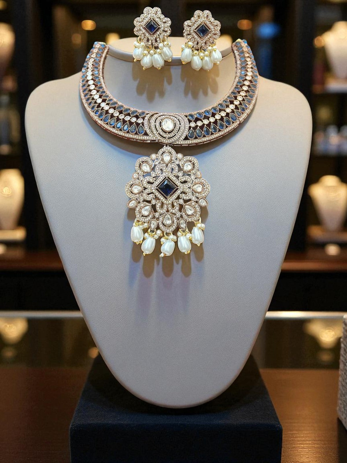 Antique Silver Choker Necklace Set with Mint Green Beads & CZ Detailing