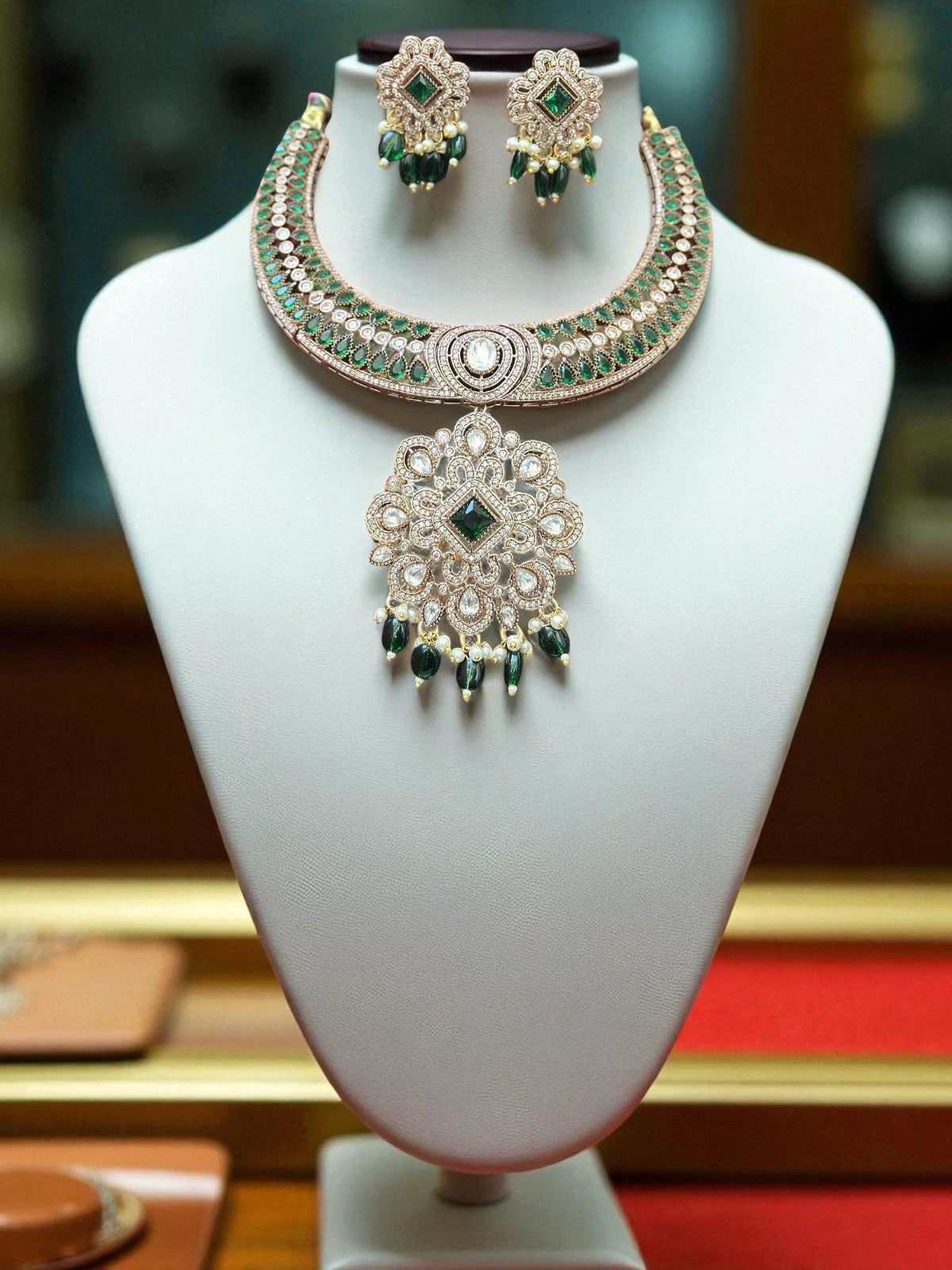 Antique Silver Choker Necklace Set with Mint Green Beads & CZ Detailing