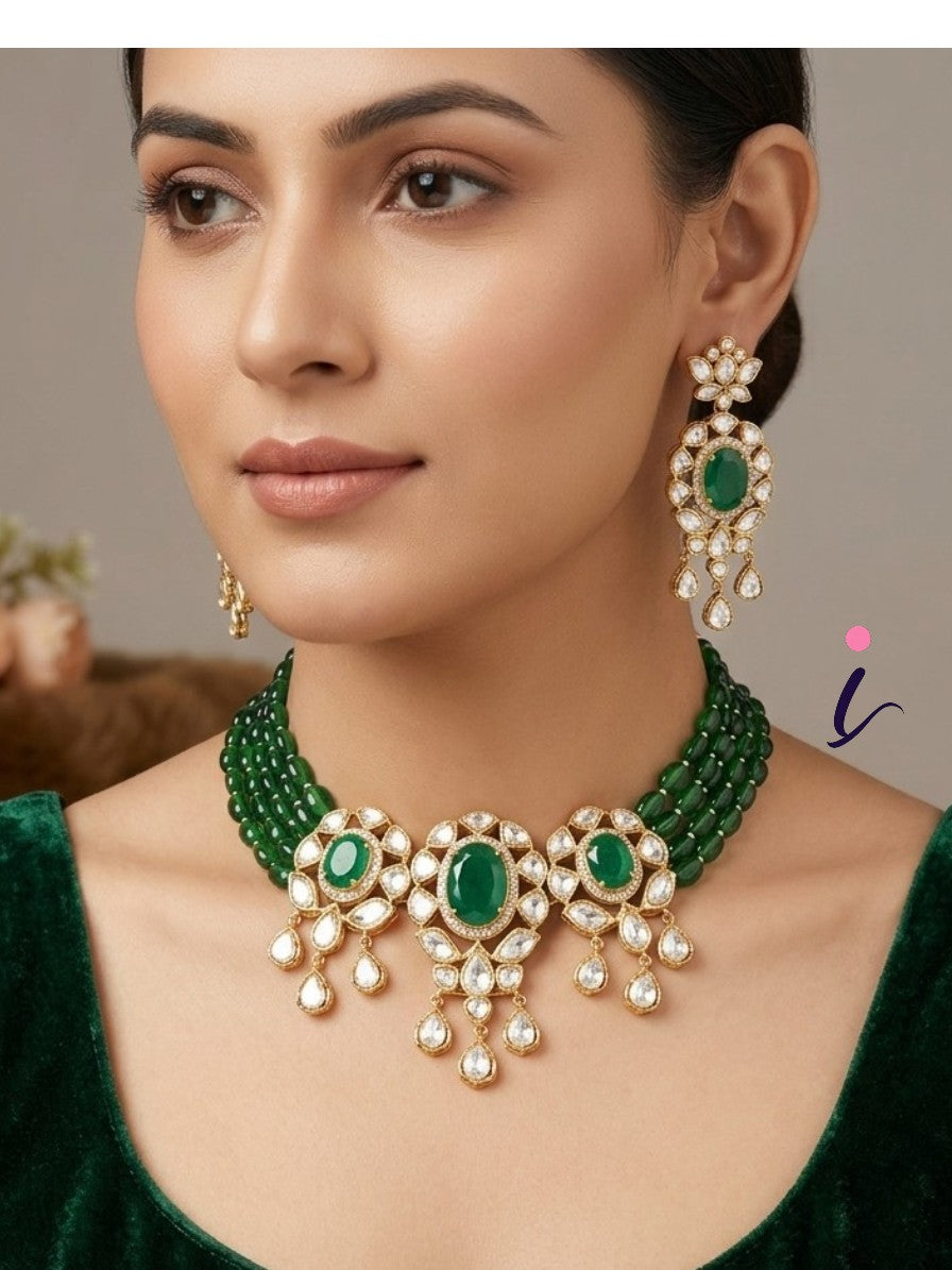 Green Beaded Kundan Choker Necklace Set with Earrings for Women | Gold Plated Bridal Jewellery | Traditional Indian Wedding & Party Wear