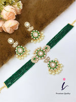 Emerald Green Beaded Kundan Choker Necklace Set with Earrings & Maang Tikka for Women | Gold Plated Bridal Jewellery | Traditional Indian Wedding Wear