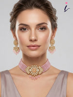 Pink Beaded Kundan Choker Necklace Set with Earrings for Women | Gold Plated Bridal Jewellery | Traditional Indian Wedding & Party Wear