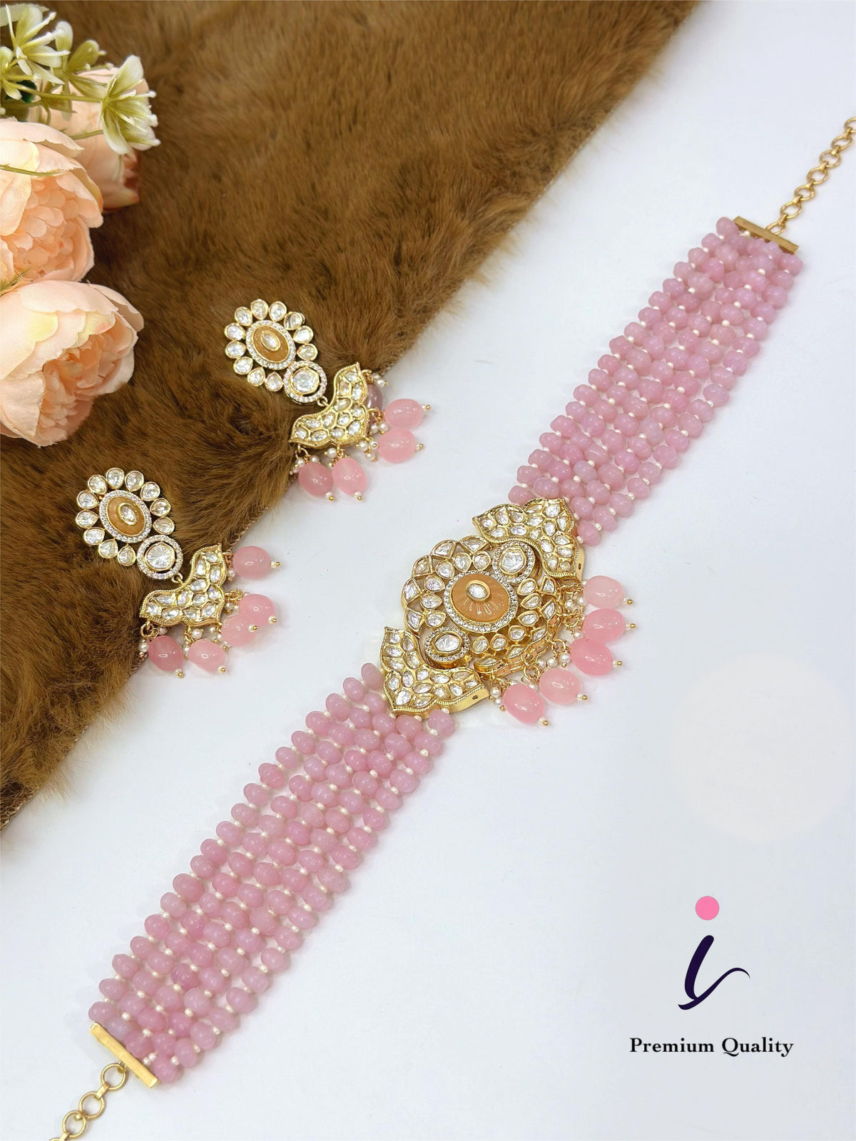 Pink Beaded Kundan Choker Necklace Set with Earrings for Women | Gold Plated Bridal Jewellery | Traditional Indian Wedding & Party Wear