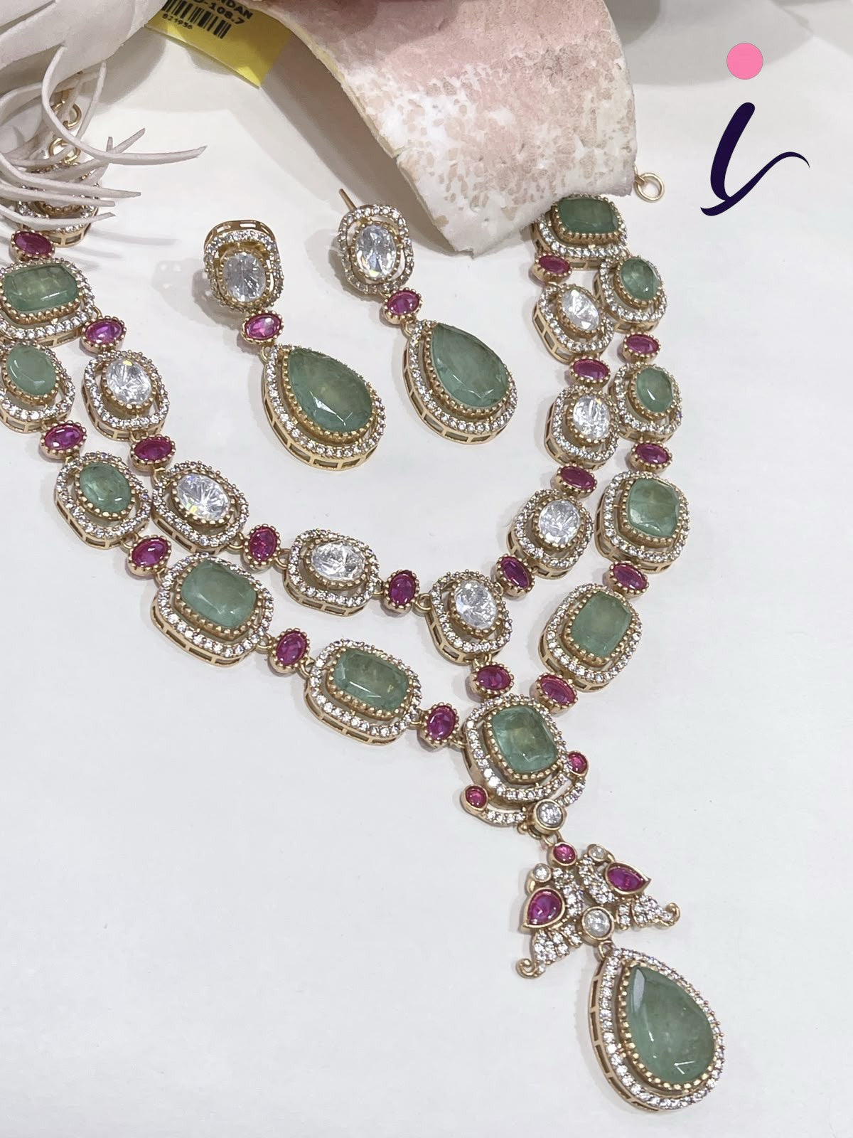 Emerald Green Stone Necklace Set with Earrings for Women | Gold Plated CZ Bridal Jewellery | Designer Indian Wedding & Party Wear