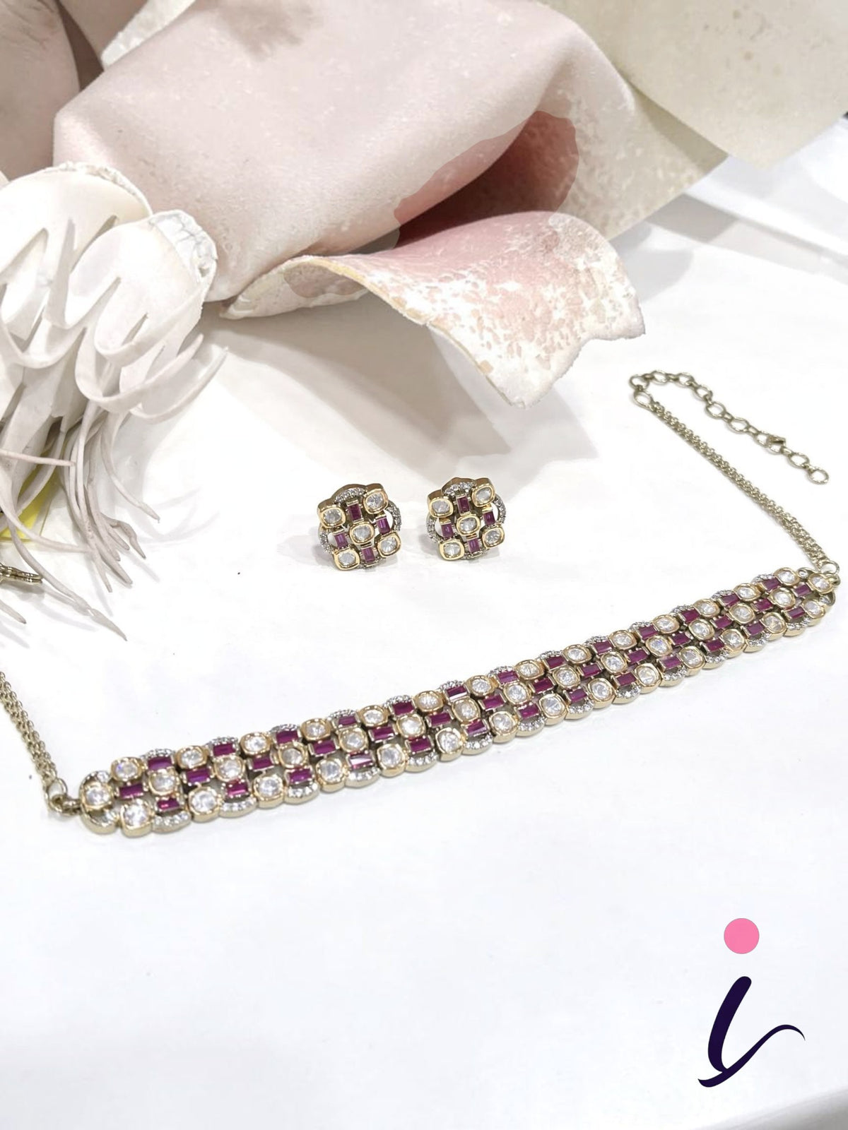 Ruby CZ Tennis Choker Necklace Set with Stud Earrings for Women | Gold Plated Designer Bridal Jewellery | Indian Wedding & Party Wear