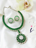 Emerald Green CZ Necklace Set with Stud Earrings for Women | Silver Plated Designer Bridal Jewellery | Indian Wedding & Party Wear