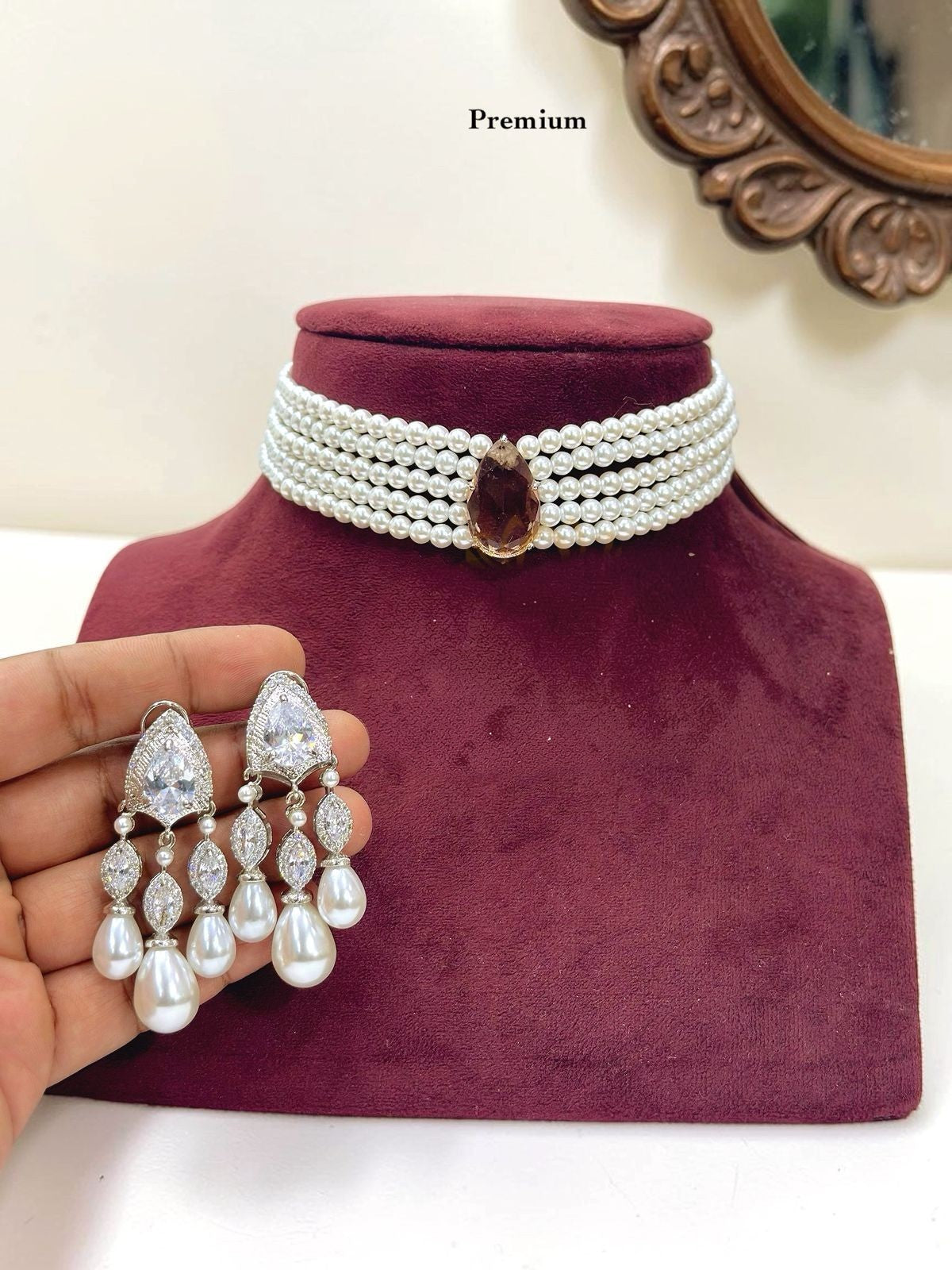 White Pearl Multi-Layer Choker Necklace Set with CZ Drop Earrings for Women | Designer Bridal Wedding & Party Wear Jewellery