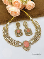 Peach Kundan Polki Choker Necklace Set with Earrings for Women | Gold Plated Bridal Wedding & Party Wear Jewellery