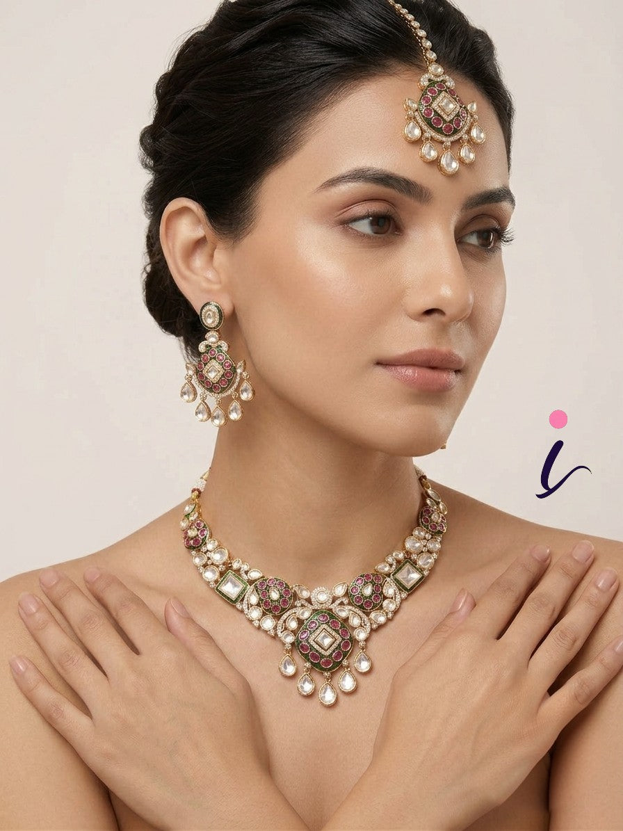 Traditional Kundan Bridal Choker Necklace Set with Earrings & Maang Tikka | Green Ruby Stone Indian Wedding Jewelry