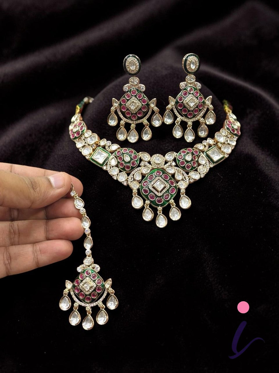 Traditional Kundan Bridal Choker Necklace Set with Earrings & Maang Tikka | Green Ruby Stone Indian Wedding Jewelry