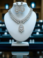 Luxury Teardrop CZ Diamond Choker Necklace Set with Earrings Silver-Toned Bridal Jewelry