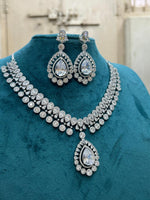 Luxury Teardrop CZ Diamond Choker Necklace Set with Earrings Silver-Toned Bridal Jewelry