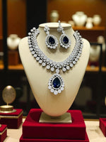 Luxury Teardrop CZ Diamond Choker Necklace Set with Earrings Silver-Toned Bridal Jewelry