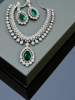 Luxury Teardrop CZ Diamond Choker Necklace Set with Earrings Silver-Toned Bridal Jewelry