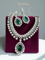 Luxury Teardrop CZ Diamond Choker Necklace Set with Earrings Silver-Toned Bridal Jewelry