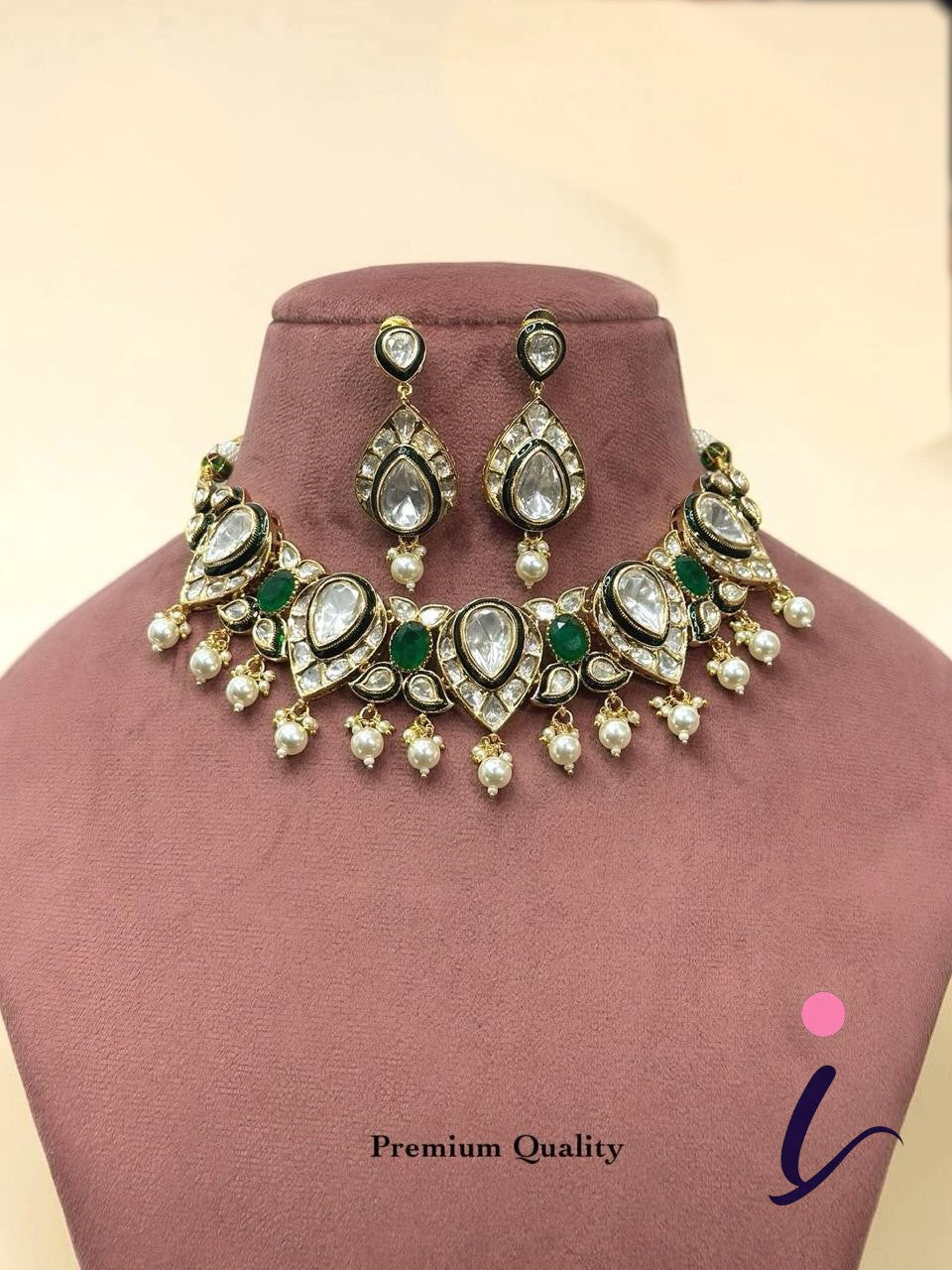 Green Kundan Polki Choker Necklace Set with Pearl Drops for Women | Traditional Bridal Wedding & Party Wear Jewellery