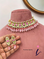 Pink Kundan Pearl Choker Necklace Set with Earrings for Women | Gold Plated Bridal Wedding & Party Wear Jewellery