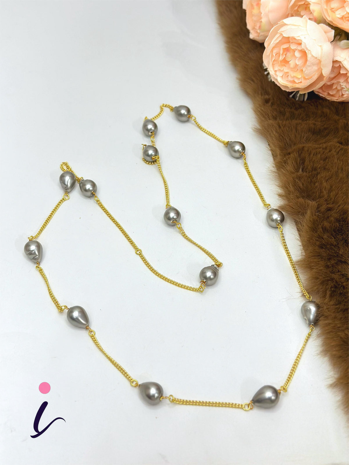 Grey Pearl Long Chain Necklace for Women | Gold Plated Minimalist Designer Party Wear & Everyday Jewellery