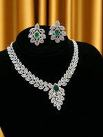 Magenta Teardrop CZ Necklace Set with Floral Earrings Silver-Toned Statement Bridal Jewelry