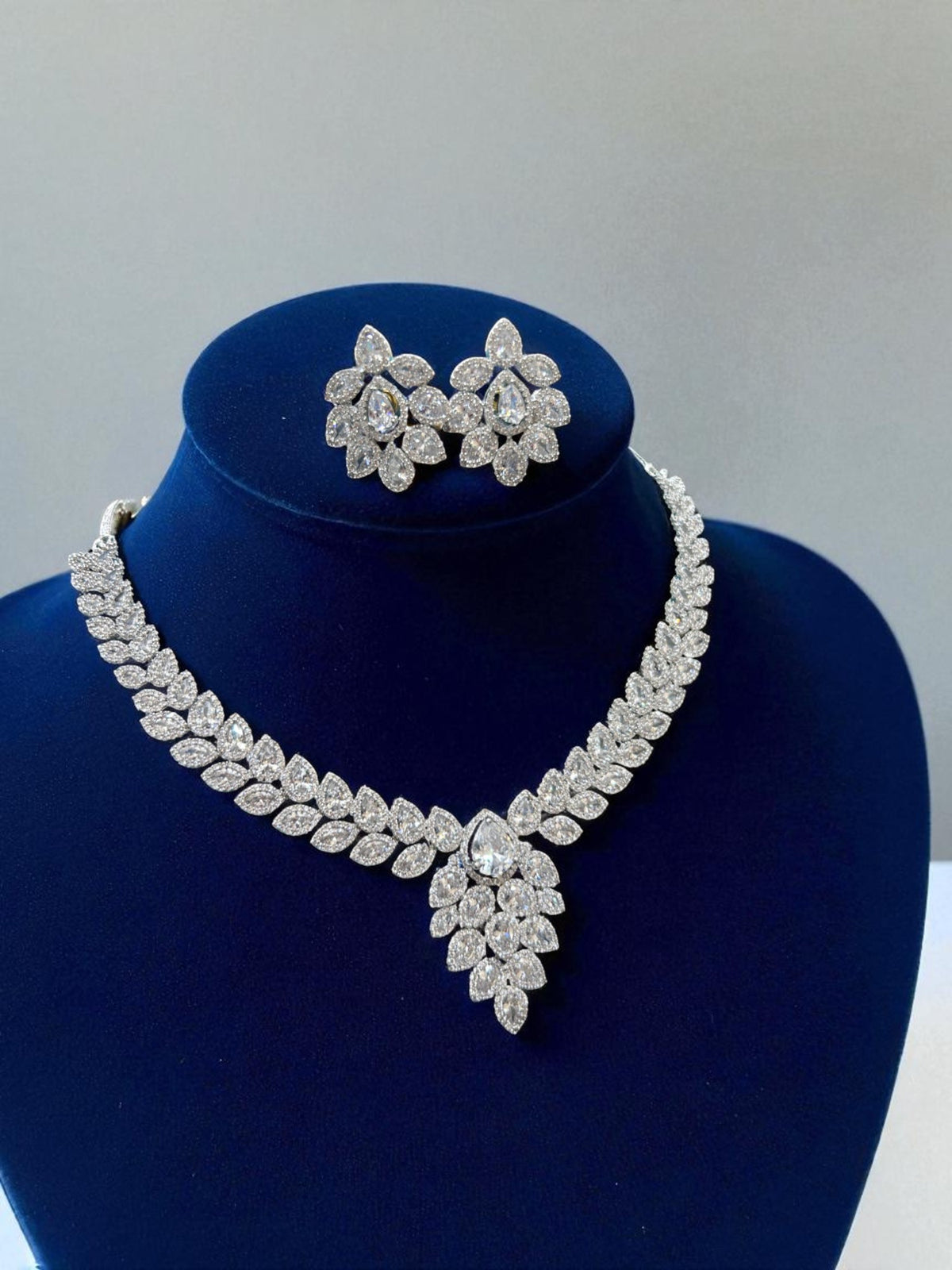 Magenta Teardrop CZ Necklace Set with Floral Earrings Silver-Toned Statement Bridal Jewelry