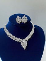 Magenta Teardrop CZ Necklace Set with Floral Earrings Silver-Toned Statement Bridal Jewelry