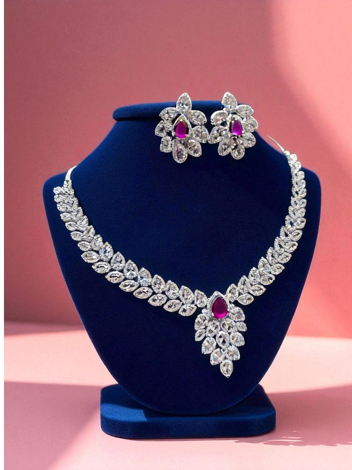 Magenta Teardrop CZ Necklace Set with Floral Earrings Silver-Toned Statement Bridal Jewelry