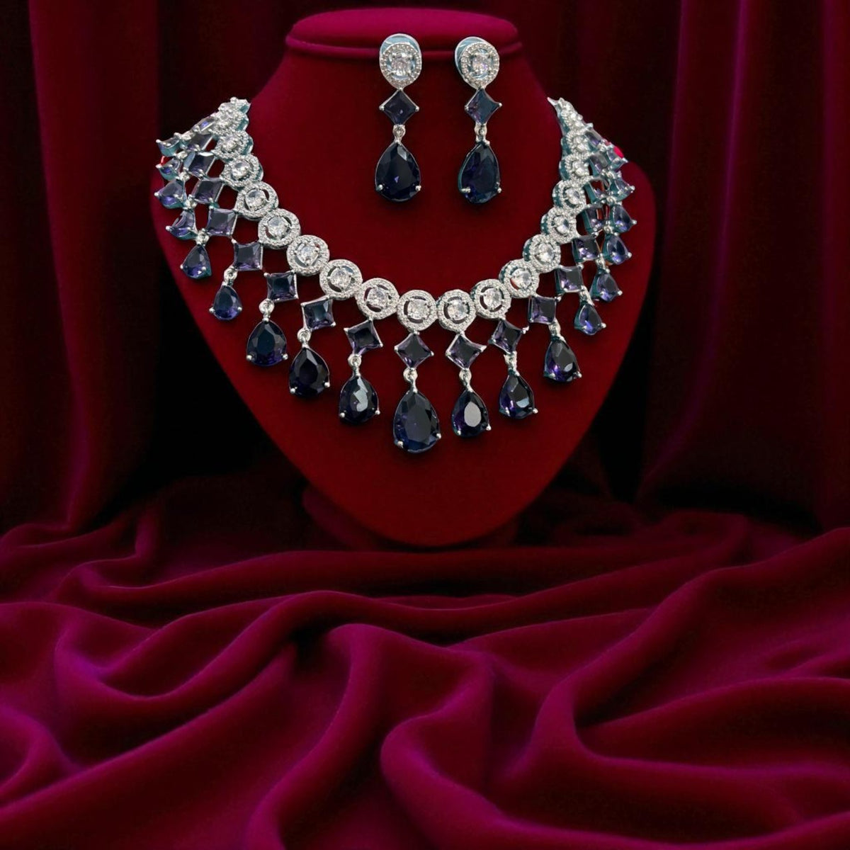 Statement Geometric CZ Choker Necklace Set with Teardrop Earrings Silver-Toned Bridal Jewelry
