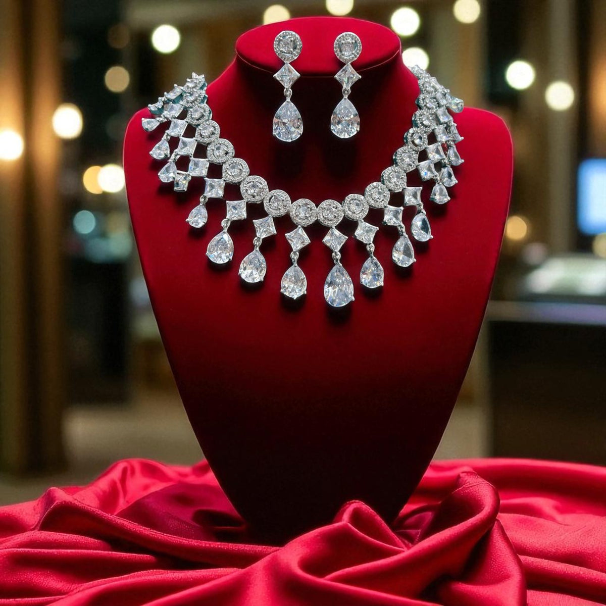Statement Geometric CZ Choker Necklace Set with Teardrop Earrings Silver-Toned Bridal Jewelry