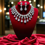 Statement Geometric CZ Choker Necklace Set with Teardrop Earrings Silver-Toned Bridal Jewelry