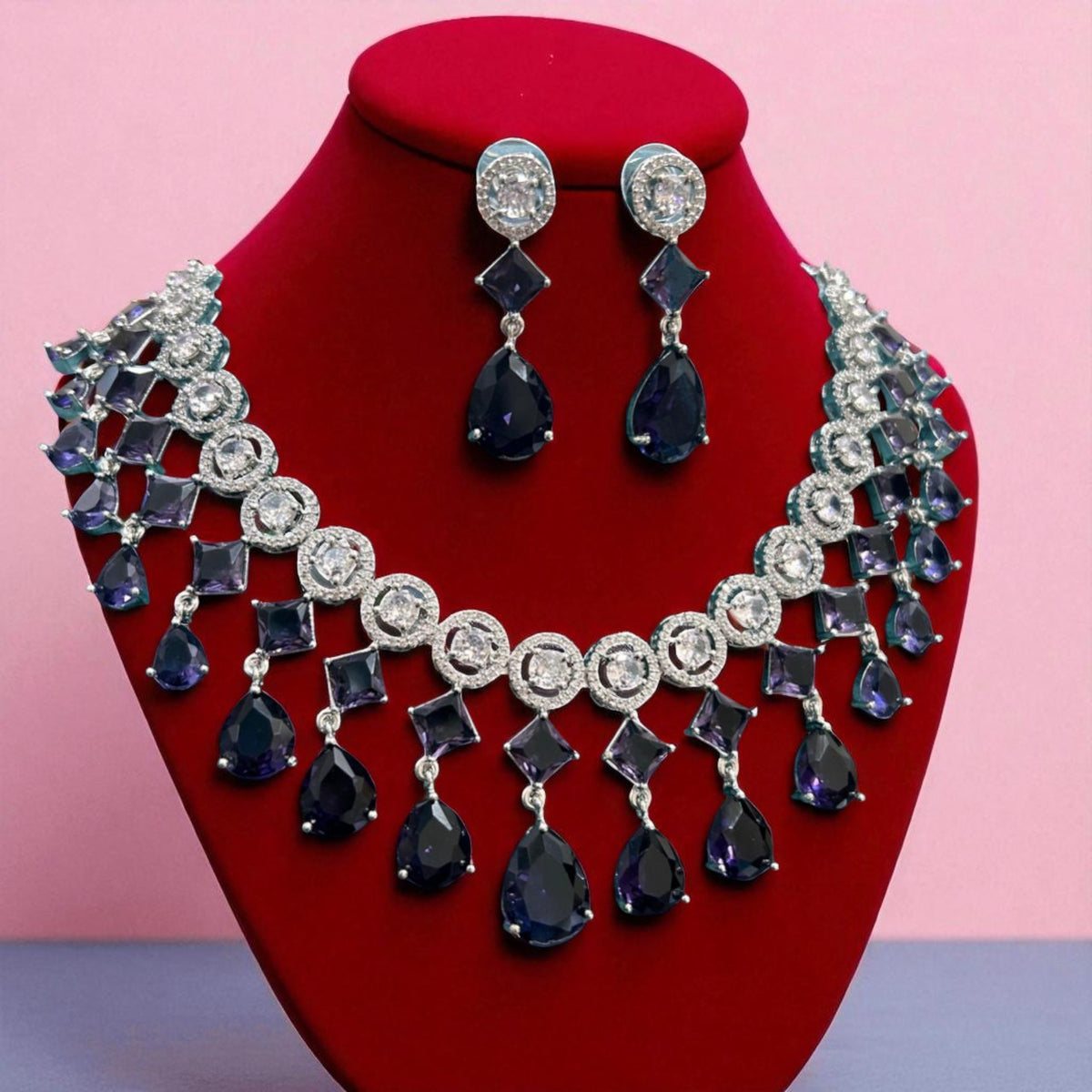 Statement Geometric CZ Choker Necklace Set with Teardrop Earrings Silver-Toned Bridal Jewelry