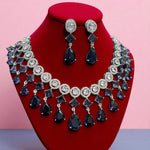 Statement Geometric CZ Choker Necklace Set with Teardrop Earrings Silver-Toned Bridal Jewelry