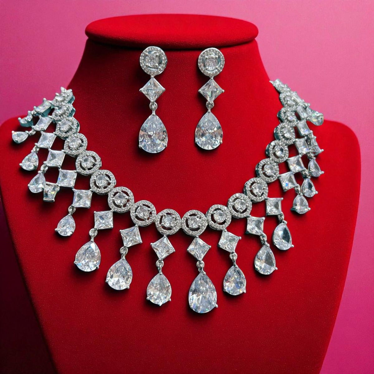 Statement Geometric CZ Choker Necklace Set with Teardrop Earrings Silver-Toned Bridal Jewelry