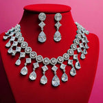 Statement Geometric CZ Choker Necklace Set with Teardrop Earrings Silver-Toned Bridal Jewelry