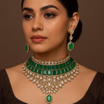 Emerald Green Princess Choker Necklace Set with Kundan Polki & Pear Drop Detailing Bridal Statement Jewelry