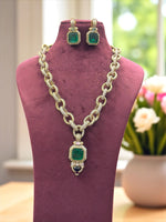 Designer Emerald Green Pendant Necklace Set with Gold-Toned Chain Links & Earrings – Luxury Statement Jewelry
