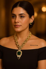 Designer Emerald Green Pendant Necklace Set with Gold-Toned Chain Links & Earrings – Luxury Statement Jewelry