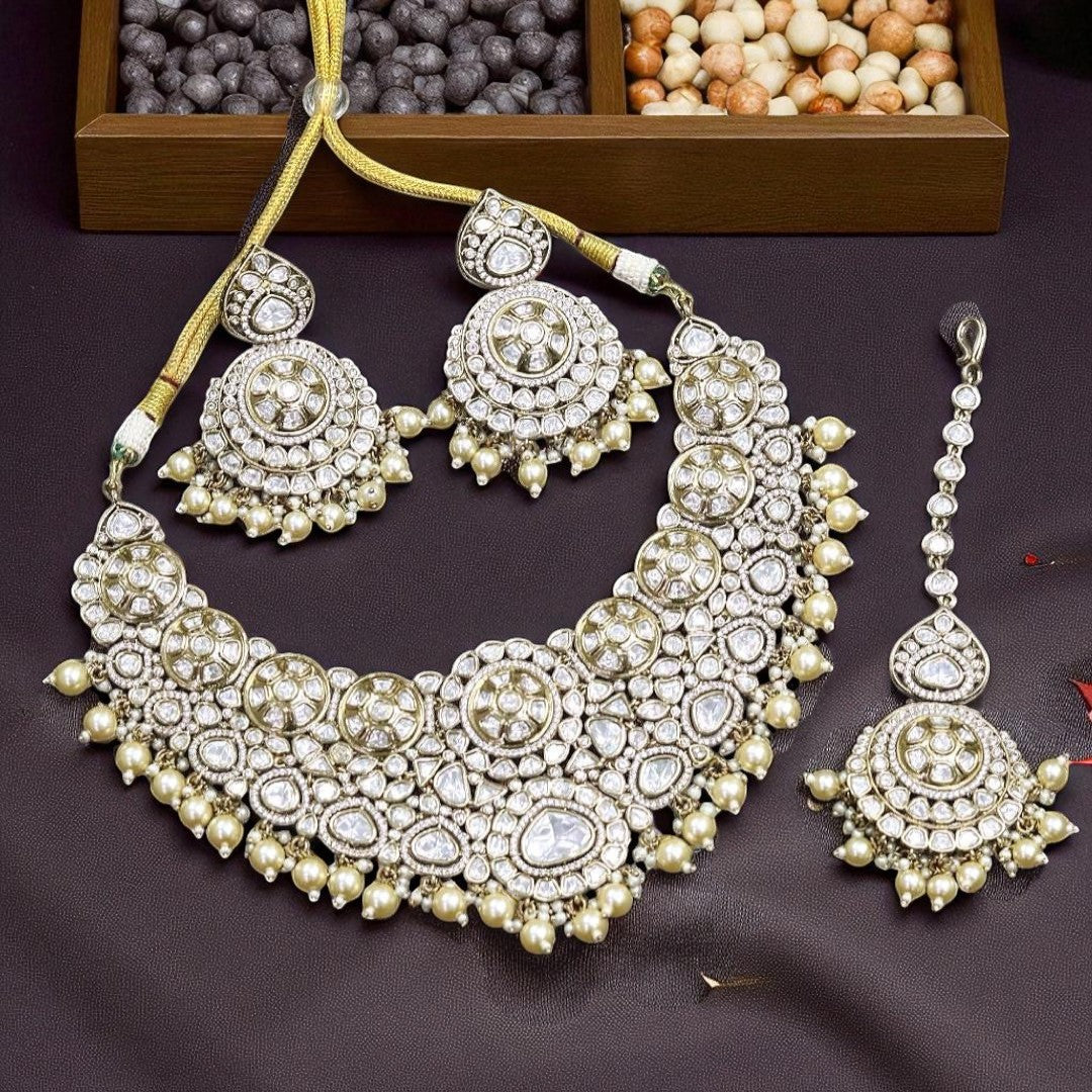 Royal Kundan Polki Bridal Necklace Set with Pearl Drops & Maang Tikka Heavy Wedding Jewelry Set