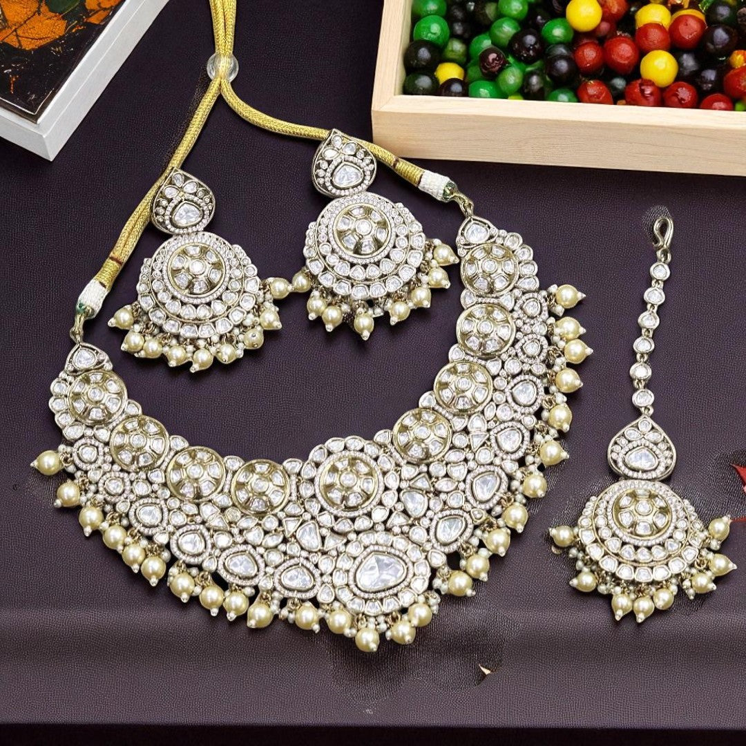 Royal Kundan Polki Bridal Necklace Set with Pearl Drops & Maang Tikka Heavy Wedding Jewelry Set