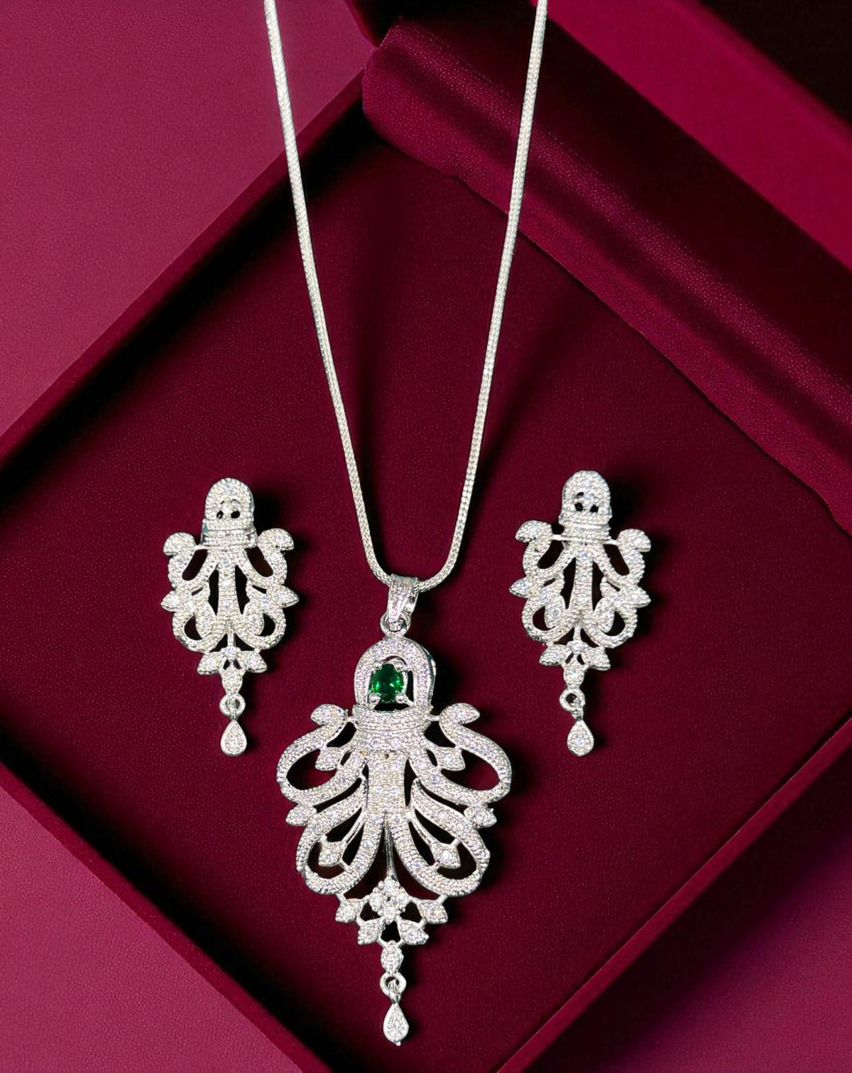 Royal Emerald Stone Silver Plated Necklace Set with Intricate Drop Earrings Bridal & Festive Jewelry