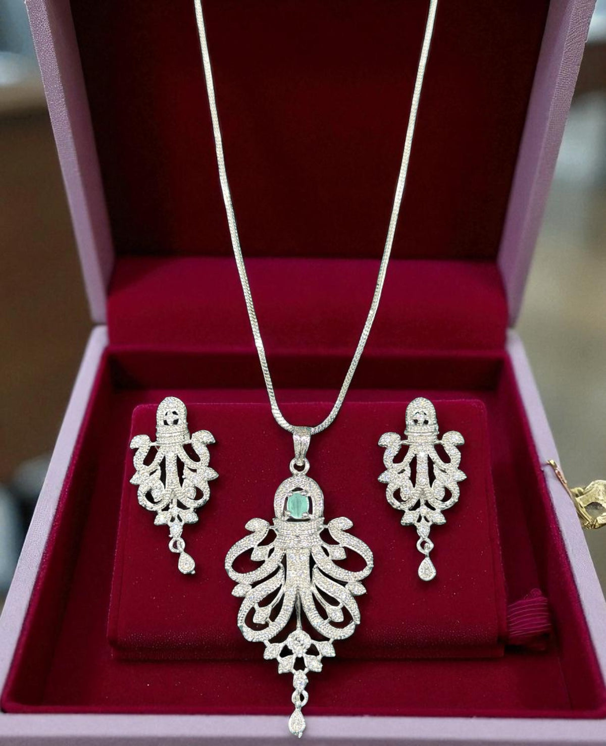 Royal Emerald Stone Silver Plated Necklace Set with Intricate Drop Earrings Bridal & Festive Jewelry