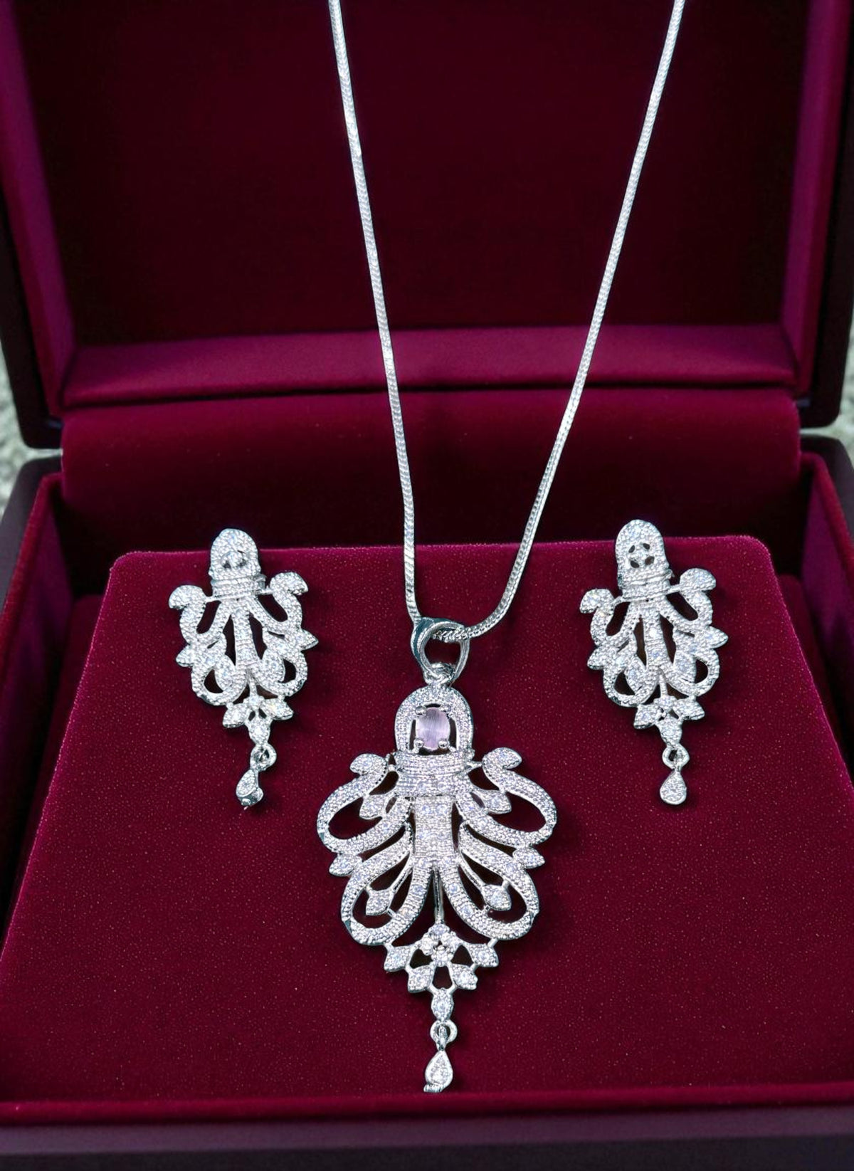 Royal Emerald Stone Silver Plated Necklace Set with Intricate Drop Earrings Bridal & Festive Jewelry