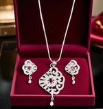 Graceful Diamond-Cut Floral Pendant Necklace Set with Matching Earrings Elegant Silver Finish