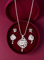 Graceful Diamond-Cut Floral Pendant Necklace Set with Matching Earrings Elegant Silver Finish