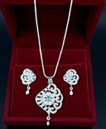 Graceful Diamond-Cut Floral Pendant Necklace Set with Matching Earrings Elegant Silver Finish