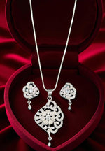 Graceful Diamond-Cut Floral Pendant Necklace Set with Matching Earrings Elegant Silver Finish