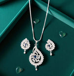 Sparkling Paisley Motif Pendant Necklace Set with Drop Earrings – Silver Finish Bridal & Party Jewelry