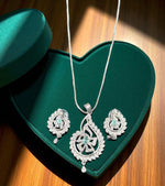 Sparkling Paisley Motif Pendant Necklace Set with Drop Earrings – Silver Finish Bridal & Party Jewelry
